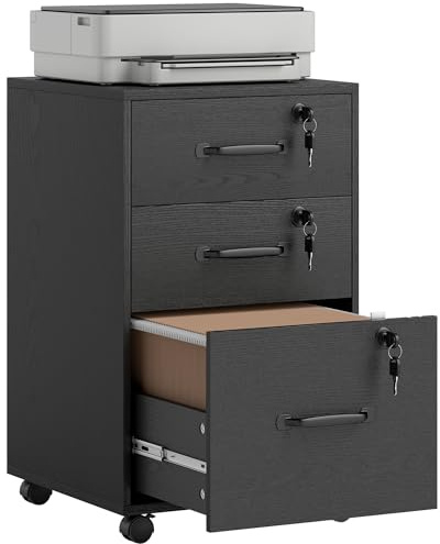 HOMCOM Mobile Filing Cabinet with 3 Drawers, Wheels, Lockable, Black