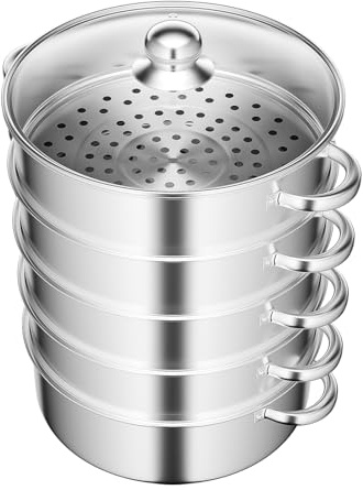 PBTERDTF 5-Lagiger Edelstahl Dampfgarer 11 Zoll Großem Fassungsvermögen Lebensmittelecht Dampfgarer Induktion Slow Cooker mit Glasabdeckung für Gemüse, Knödel & Kochgeschirr in der Küche