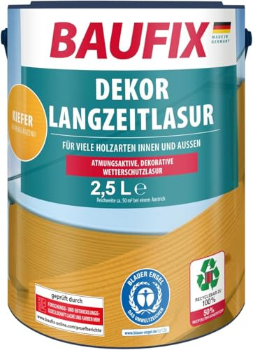 BAUFIX Dekor Langzeitlasur kiefer, seidenglänzend, 2,5 Liter, Holzlasur, Holzschutzlasur für außen und innen, für viele Nadel-/Harthölzer