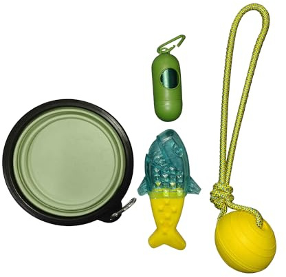 JWPET Bärbar sommar utomhus hundleksaksset, hopfällbar hundvattenskål, flytande skumboll, fyllbar vattenfisk leksak och bajspåsar dispenser med påsar, allt-i-ett-lösning för hundar utomhusbehov (stil