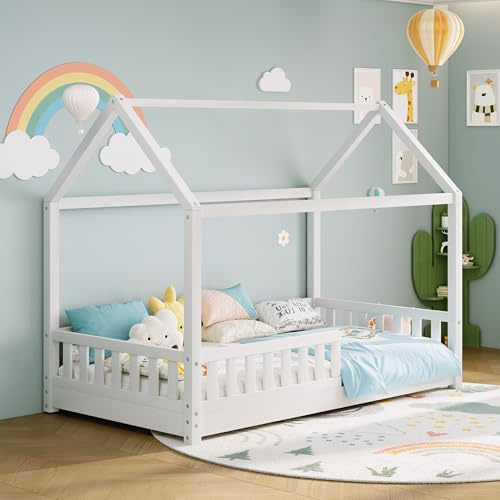 LUXOAK Toddler Floor Bed, 100% Solid Pine Wood House Bed with Removable Safety Guardrails, Single Bed Frame for Kids, Easy Assembly, 90x190cm, White