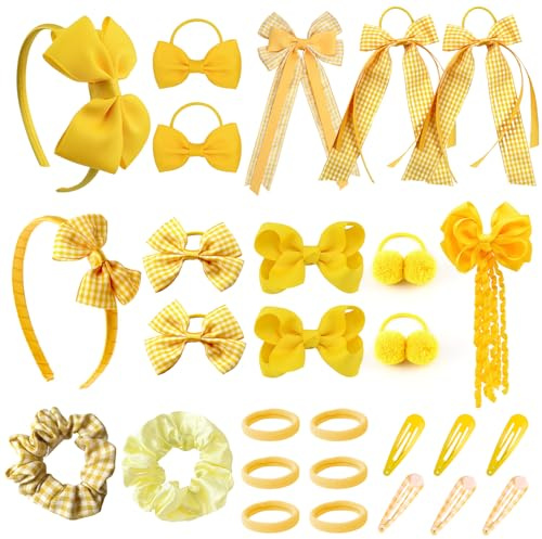 YAEGIMHT Hair Accessories for Girls, 28 Pcs School Hair Accessories Include Bow Hair Clips Headband Hair Bands Ribbon Ponytail Holder, Hair Bows Set for Girls Daily Dress (Yellow)