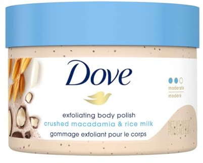 Dove, Exfoliating Body Polish, Macadamia and Rice Milk, Exfoliante Corporal, Macadamia y Leche de Arroz, Piel Suave y Nutrida, Sin Sulfatos, 298 gramos