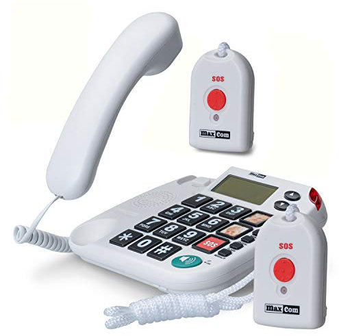 Maxcom KXT481SOS: Seniorentelefon mit Funk Notruf Sender und großen Tasten extra laut; schnurgebundenes Festnetztelefon mit 2 x Notrufknopf Hausnotruf für Senioren hörgerätekompatibel