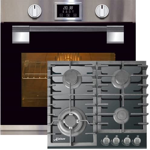 Kaiser Küchengeräte Backofen-Set EH 6337+KCG 6383 Turbo, Pyrolyse Elektro einbau Backofen, Bratautomatik, 79L, 11 Funktionen+Einbau Gas -Kochfeld 60cm, Schwarz Glas, Erdgas/Propangas