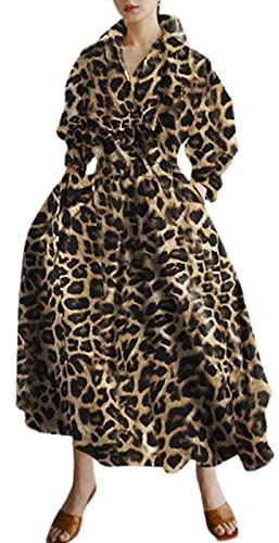 Women Maxi Shirt Dress Long Sleeve Button Smocked Waist Long Dress Loose Swing Party Dress with Pockets (Khaki Leopard, Large)