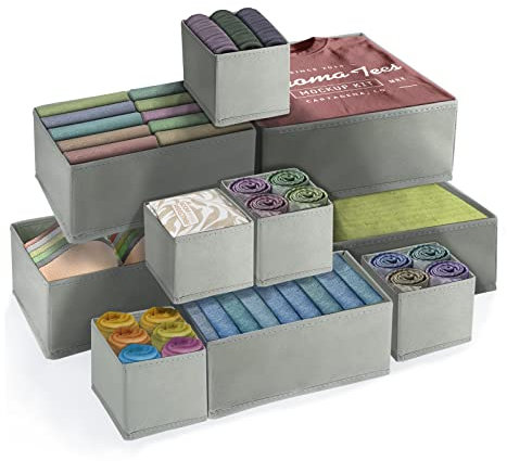 FAMKEEP 10 Stück Schubladen Ordnungssystem Kleiderschrank Organizer,Faltbare Aufbewahrungsbox Stoff,Grau Faltbare Aufbewahrungsbox Stoff,Schrank Schubladentrenner für Kleidung, BHS, Socken, Krawatten