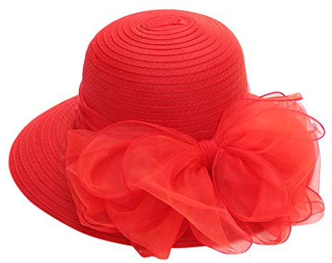 Damen Sonnenhut mit Mesh Blumen - faltbarer eleganter Breite-Krempe Strandhut für Hochzeit, Tea, Kirche, Party, Strand, Sommer, Strohhut