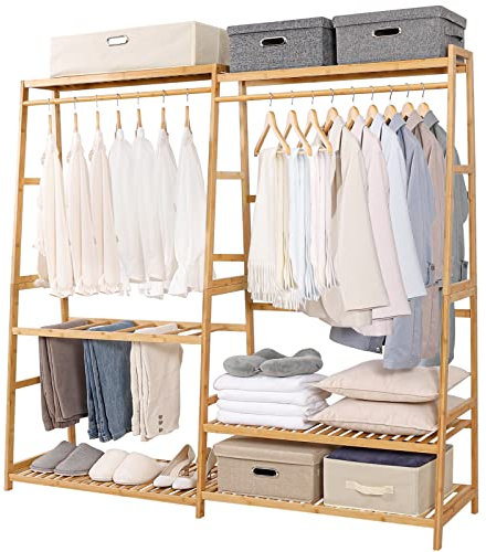 Yorbay Garderobenständer Bambus, Kleiderschrank offen, Kleiderständer mit 2 Kleiderstange, Garderobe mit Hosenbügel und Ablagen, viel Platz, für Schlafzimmer, Wohnzimmer, 155 x 40 x 170 cm, Natur