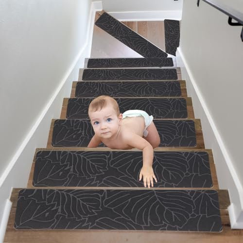 15PCS Alfombra Antideslizante para escaleras, Interior Alfombrillas de Escalera para Peldaños Autoadhesiva Amortigua Sonidos Protección, Pisadas Antideslizantes para Niños, Ancianos, Animales 76x20cm