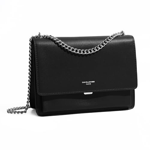 David Jones - Sac Bandoulière Femme - Pochette Téléphone Portable Cuir PU Rigide - Chaînes Porté Epaule - Besace Rectangle Sacoche Soirée Shopping Ville Tendance - Grand Noir