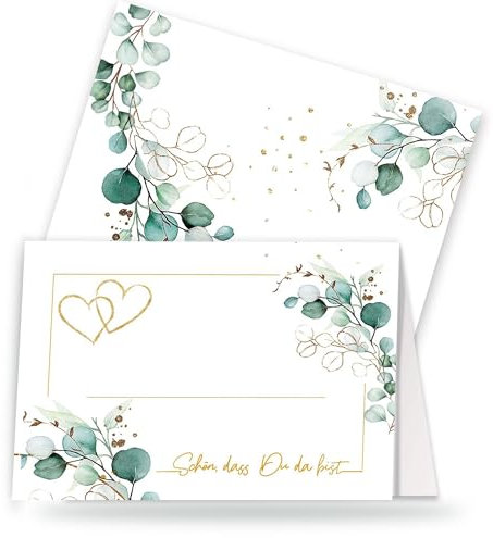 20 Tischkarten Hochzeit Herzen um Eukalyptus weiß - Eucalyptus Golden Hearts. Festliche Platzkarten Konfirmation Kommunion Taufe als Tischdeko.