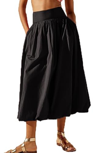 Acrawnni Women Y2k Bubble Maxi Skirt Low Elastic Waist Ruffle Pleated A-line Long Skirts Summer Beach Loose Fit Cute Puffball Balloon Skirt