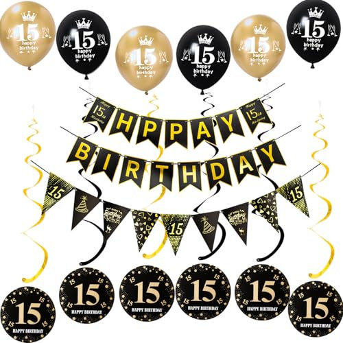 Schwarz gold Girlande Happy 15th Birthday+ Dreiecksflaggen + 15 Geburtstag Hängedeko ,luftballons 15 Geburtstag deko für junge mädchen,deko 15. junge geburtstagsdeko 15 jahre Mädchen