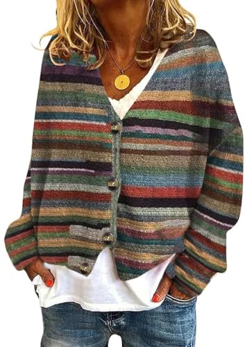 Onsoyours Gilets Femme Automne Hiver Chic Col V Veste Imprimé Manches Longues Tricoté Cardigan Élégant Lâché Bouton Pull Outwear Casual Manteau Sweater Haut Top