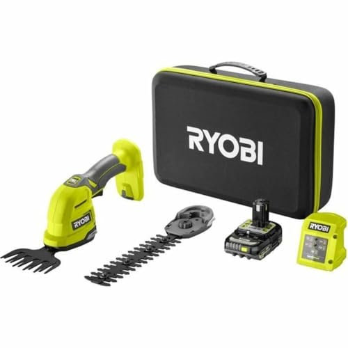 RYOBI - -Cisaille à Gazon (Lame 120 mm) / sculpteur de végétaux (Lame 200 mm) 18V - livrée avec Mallette de Rangement - 1 Batterie 2Ah et 1 Chargeur - RY18GSA-120T, Vert
