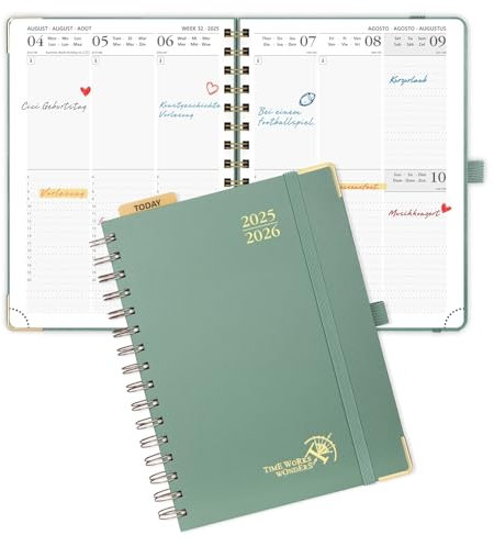 POPRUN Agenda 2025 2026 Semainier 21 x 16,5cm D'Août 2025 à Déc 2026, Planner Vertical Scolaire 17 Mois avec Couverture Rigide Spirale, Avec règle signet, Papier 80g/m², Vert Minuit