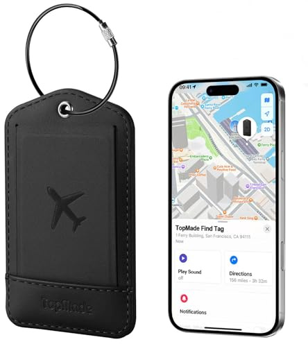 TopMade Smart Luggage Tag with Apple Find My, Premium Leather Luggage Tags for Suitcase, Travel Bags, Backpacks, Anti-Lost Suitcase Tag Tracker for Travel with Privacy Name Card, Rechargeable, Black