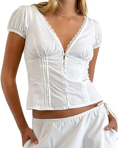 Cusghjbsg Women Y2K Ruffle Top Casual Solid Color V Neck Cap Sleeve Button Down Slim Fit Frill Shirts Summer Fairy Grunge Babydoll Blouse (White D, L)