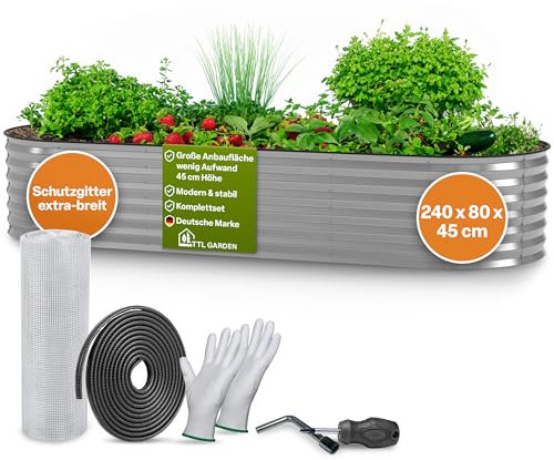 TTL GARDEN 240x80x45cm Spirit L Metall Hochbeet Silber - Stahl rostfrei verzinkt Wellblech ovale Form sehr groß stabil & wetterfest Garten Beet für Gemüse Kräuter Blumen Gartenbeet Gemüsebeet
