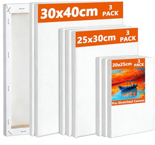 Koncci Stretched Canvas for Painting, 9 Packs Multiple Sizes Canvases Set, 30x40cm, 25x30cm, 20x25cm(3 Pcs Each), 280GSM Stretched Wooden Canvas Frames for Acrylic Oil Watercolor, Artist & Beginner