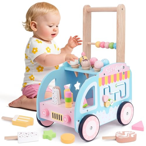 Melofaver Wooden Baby Walker with Wheels, Baby Push Walker Ice Cream Toy