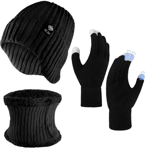 Zidoley Set di 3 guanti invernali per uomo e donna, berretto lavorato a maglia con calda fodera in lana e lembi per le orecchie, sciarpa ad anello, guanti caldi, unisex, set invernale 3 in 1, Nero