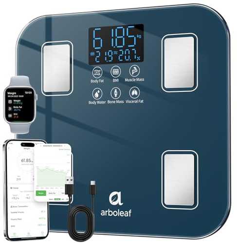arboleaf Báscula de Baño Inteligente, Bascula Grasa Corporal y Muscular con APP, Bascula Bioimpedancia Tecnología BIA de 4 Electrodos con 14 Parámetros, Recargable por USB-C, Capacidad 180kg