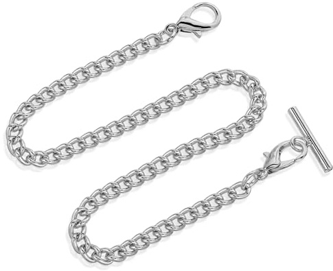 Aeaocvo Silver Pocket Watch Chain with T-Bar, 14 Inch Pocket Watch Chains for Men, Silver Vest Chain for Men