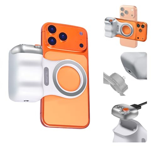 Fun Shot Empuñadura Magnética para Smartphone,Handle Grip Movil con Carga USB-C Desmontable y 10m Control Remoto Bluetooth,1/4 Rosca,Compatible con iPhone y Android