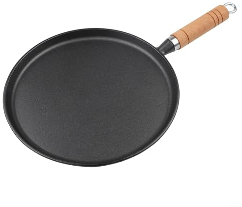 Förtjockad pannkakspanna i gjutjärn med trähandtag för hemmakök, erbjuder pålitlig värmefördelning och hantering (26)