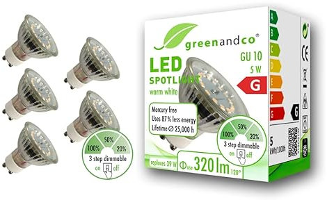 greenandco 5x bombilla LED GU10 | regulable sin regulador | 5W 320 lm | 3000K blanco cálido | 110° | 230V | CRI 90+ | sin parpadeo