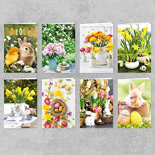 PremiumLine Osterkarten Set - 8 hochwertige Klappkarten mit liebevollen Fotomotiven von Osterhasen, Ostereiern & Blumen - Inkl. Umschläge für festliche Grüße zu Ostern 2025!