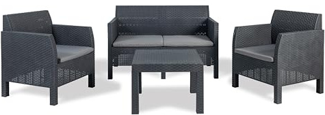 Toomax Set Salotto da giardino Matilde 4 posti antracite, in plastica resistente effetto rattan, 2 poltrone con schienale ergonomico, divanetto da 2 posti e tavolo, ideale per spazi esterni