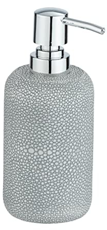 WENKO Seifenspender Raja in Naturstein-Optik, nachfüllbarer Flüssigseifenspender für Bad & Küche, anmutiger Lotionspender aus Polyresin, Maße: 8,8 x 10,7 x 8,7 cm, Füllmenge: 350 ml Seife, Grau