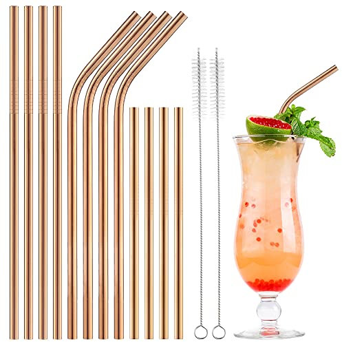 ecooe 12pcs Bronze Paille INOX, Paille Reutilisable en Acier Inoxydable avec 2 Brosses de Nettoyage, sans BPA,Respectueux de L'environnement, Pour Cocktail, Smoothie et Jus