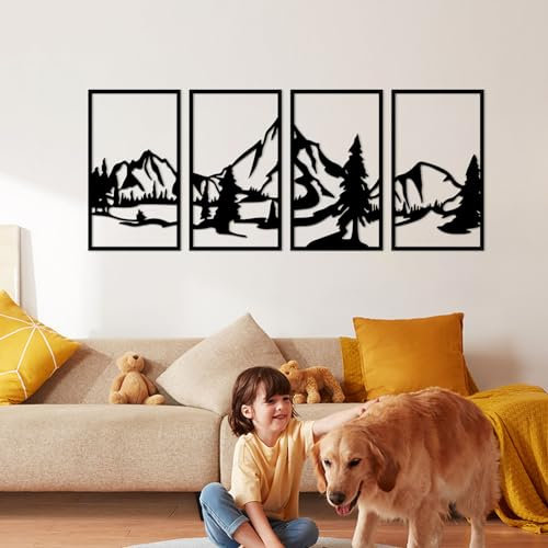 Resama 4 Stück Metall Berg und Wald Wanddekorationen Minimalistische Wanddekoration Strichzeichnung Wandkunst Rustikale Natur Home Wandkunst Skulptur Büro Wohnzimmer Schlafzimmer