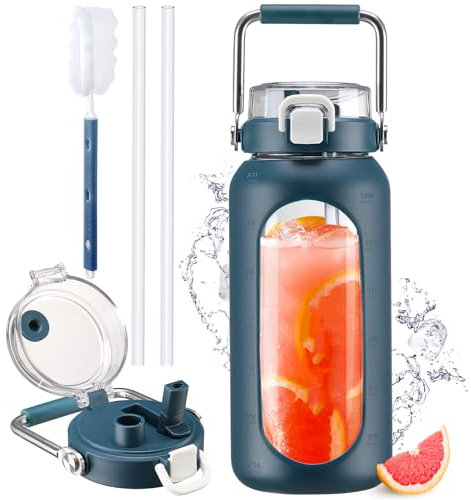 HYDRAGLAZIC 1900ML Glastrinkflasche mit Strohhalm und Edelstahlgriff, Wasserflasche glas mit Silikonhülle und Zeitmarker, Berwachung Ihrer täglichen Trinkflasche 2 liter,Dunkelblau