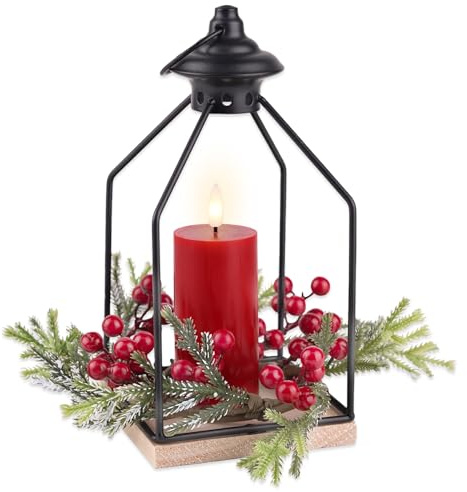 Rhytsing H 25,5 cm Lanterna Natalizia in Metallo con Candele a LED Rossa e Ghirlanda Natalizie per Natale e Avvento, Lanterne a batteria con timer per Centrotavola