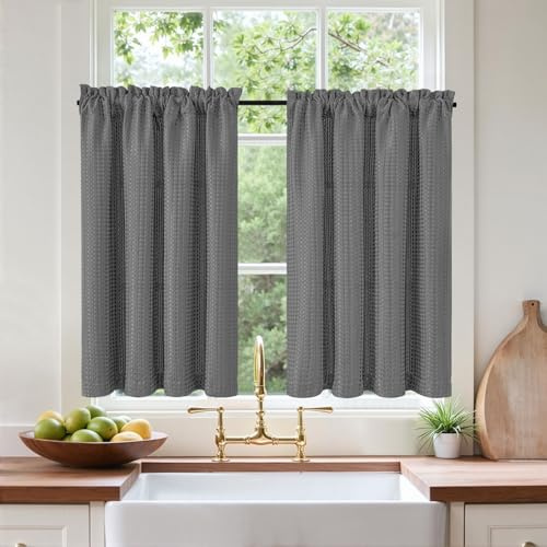Tende per Interni Grigio Waffle Tende Corta Cucina tenda finestre Piccole con passanti soggiorno Camera da letto da vetro Moderne Country bistrot stile 115 x 115 cm 2 pezzi per casa bagno Bistrot