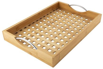 Plateau de service rectangulaire en bambou avec poignées - Grand (43 x 29 x 5 cm) - Plateau de cuisine pour petit-déjeuner, servir, ranger et décorer