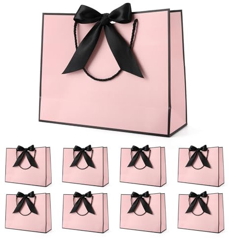 Geschenktüte mit Schleife,Geschenktüte Weiß,Geschenktaschen für Geburtstag, Hochzeit, Festivalfeier, Weihnachten,32 x 25 x 10cm, (Weiß, 8 Stück) (pink-black ribbon)