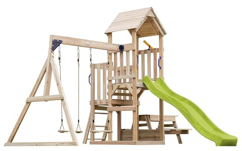 AXI Mette Casetta in Legno Bimbi 2 Altalene, Tavolo da Picnic, Scivolo Giallo | Area Giochi All'Aperto con Altalene/Sabbiera/Scivolo Telescopico | Casa da Gioco all'Aperto in Legno su Palafitte