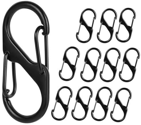 12 stycken dubbel karbinhake i metall, slitstark S-karbinhake, svart, S-ring stängningskarbiner, liten robust nyckel karbinhake, mini karbinhakar tål rost, liten dubbelklämkrok för camping