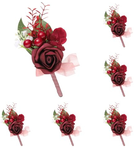 sourcing map 6pcs Dark Red Boutonnieres for Men, Buttonholes Pocket Corsage Artificial Flowers with Boutonnieres Pins for Bride Groom Wedding Ceremony Anniversary Formal Party