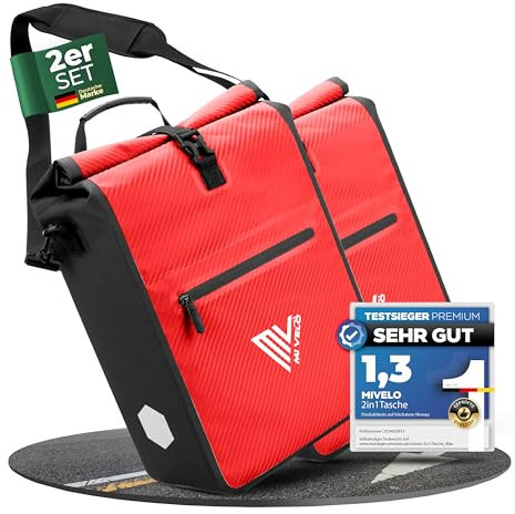 MIVELO 2in1 Fahrradtasche für Gepäckträger I Gepäckträgertasche wasserdicht inkl. Schultergurt - Fahrrad Tasche Set (Carbon-Rot)