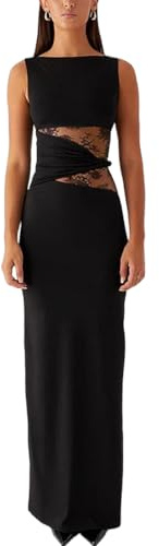 AOWVUTS Robe Femme Sexy sans Manches Robes Longue Moulante à Col Rond Maxi Robe Transparente Dentelle Patchwork Robes de Cocktail Chic et Elégant Bodycon pour Clubbing Prom Fête Mariage Invité