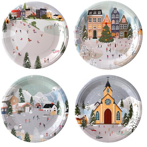 Yungyan 48 Pcs Winter Village Paper Plates 9 Inch Holiday Dinner Plates Bulk Disposable Party Supplies for Winter Holiday Dishware Decoration