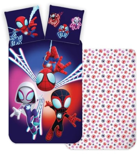 BrandMac Spidey Vändbara sängkläder, 135 x 200 och 80 x 80 cm av 100 % bomull – barnsängkläder för flickor och pojkar. Spidey och hans supervänner