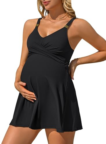 Charmo Supportive Maternity One Piece Swimsuit with Skirt Ribbed Ruched Pregnancy Swimdress Modest Bathing Suit Black XL